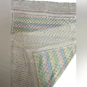 Vintage Acrylic Pastel Pink Blue Yellow with White Trim Made in USA Baby Blanket